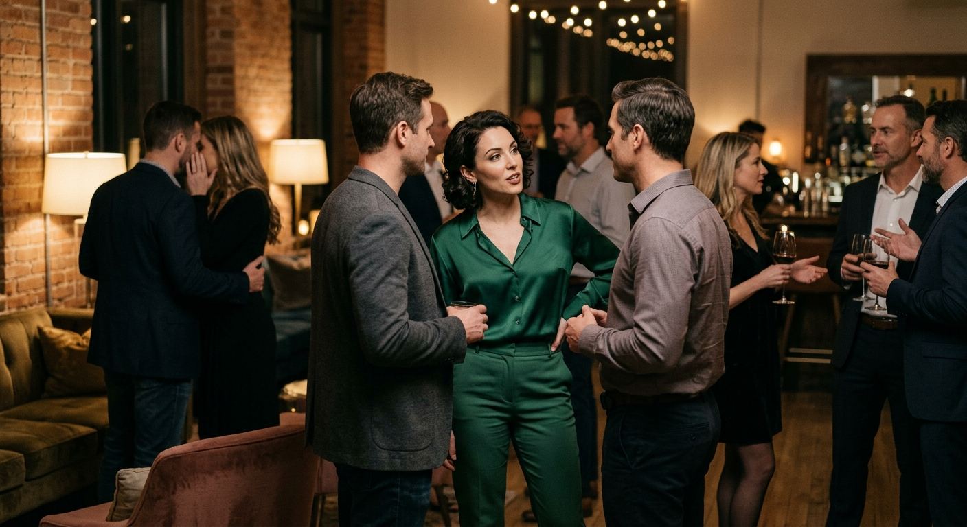Groupe d'invités libertins partageant un moment convivial autour d'un verre